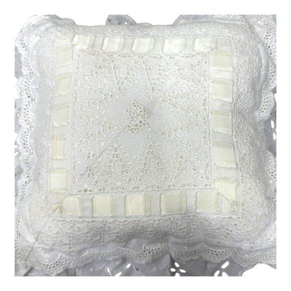 Vintage White Eyelet Lace Wide Victorian Throw Pillow Romantic Cottage Chic 9" - Picture 2 of 4